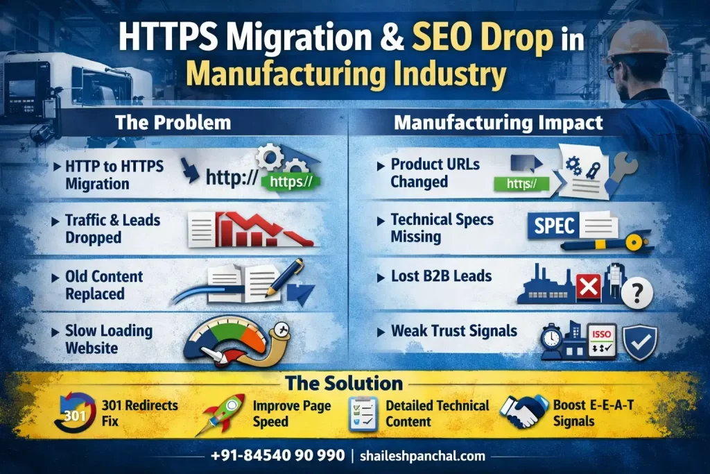 HTTPS migration SEO drop in manufacturing industry showing problems like traffic loss, URL changes, slow website speed and solutions like 301 redirects, page speed optimization, technical content and E-E-A-T improvement