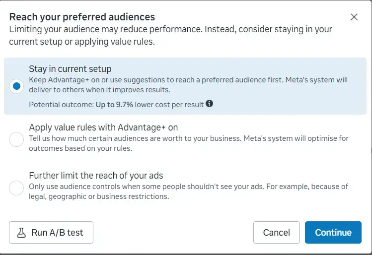 Facebook Ads Manager Switch to Original Audience Warning Message Setup