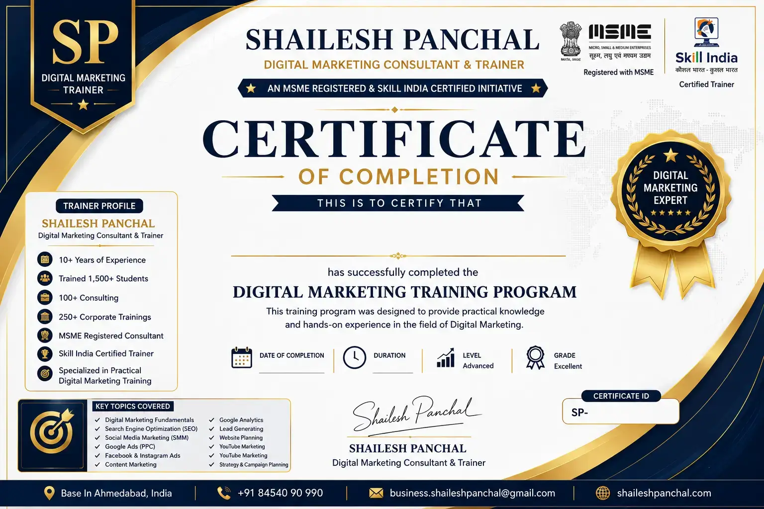 Digital Marketing Training Certificate by Shailesh Panchal